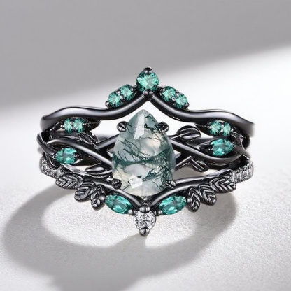 Sotiya 3PC Nature Inspired Pear Cut Green Moss Agate Wedding Bridal Ring Set Sterling Silver-Sotiya