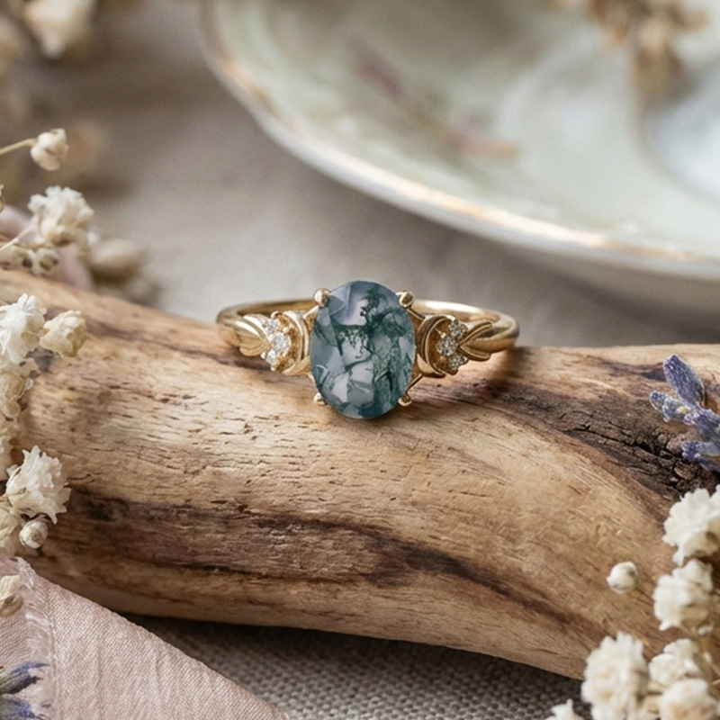 Sotiya Moon Design Moss Agate Oval Cut Engagement Ring Sterling Silver-Sotiya