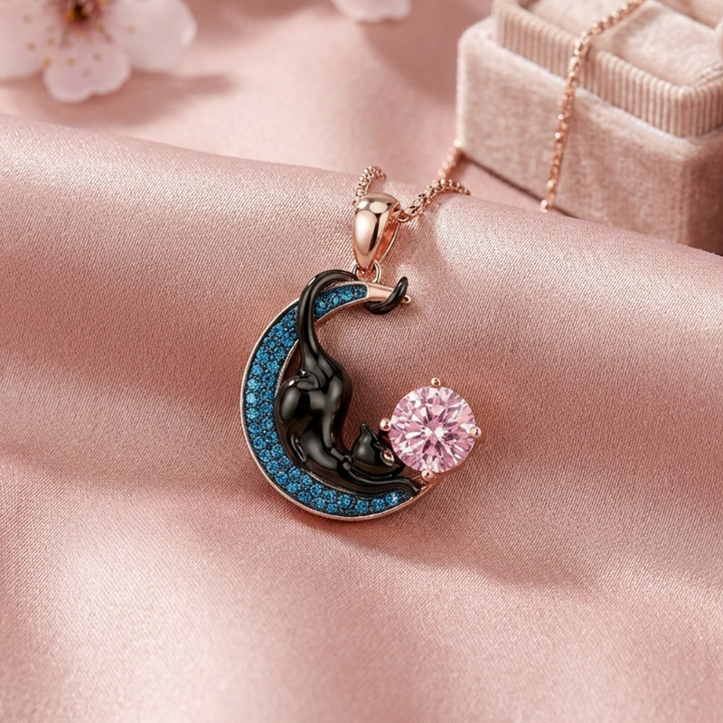 Sotiya 12 Birthstones Crescent Moon & Black Cat Round Cut Necklace Sterling Silver-Sotiya