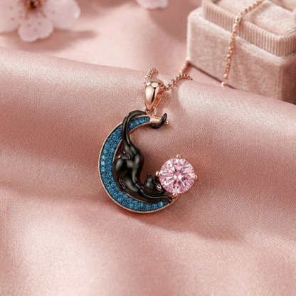 Sotiya 12 Birthstones Crescent Moon & Black Cat Round Cut Necklace Sterling Silver-Sotiya