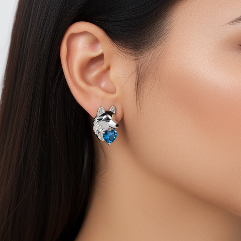 Sotiya Husky Dog Embraces Love Heart Stud Earrings-Sotiya