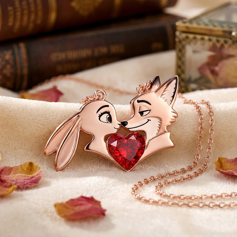 Animal City Bunny and Fox Inspired Hug Heart Couple  Necklace-Sotiya
