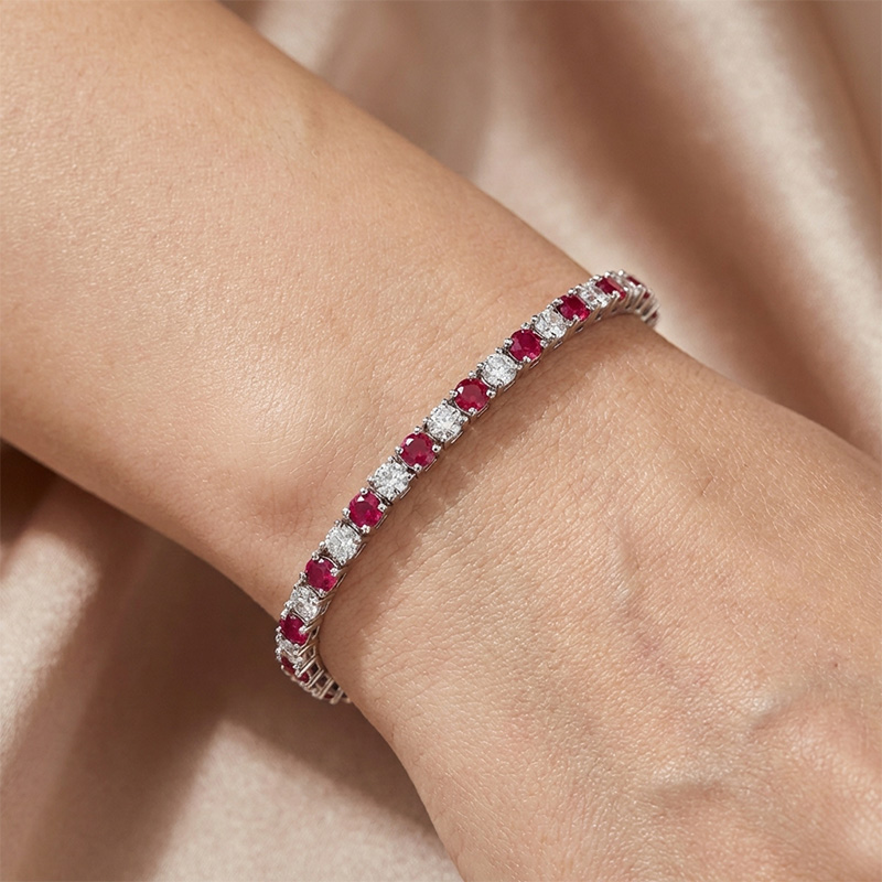 Sotiya Lab Grown Sapphire/Ruby Red 3mm Alternating Round Cut Tennis Bracelet Sterling Silver