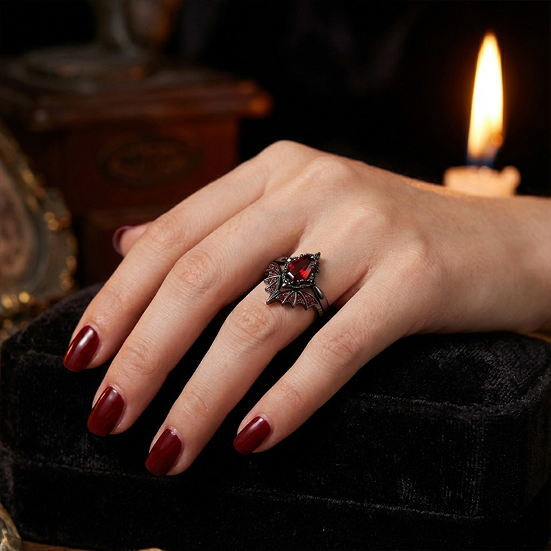 Sotiya Vintage Gothic Bat Coffin Cut Wedding Bridal Ring Set Sterling Silver-Sotiya