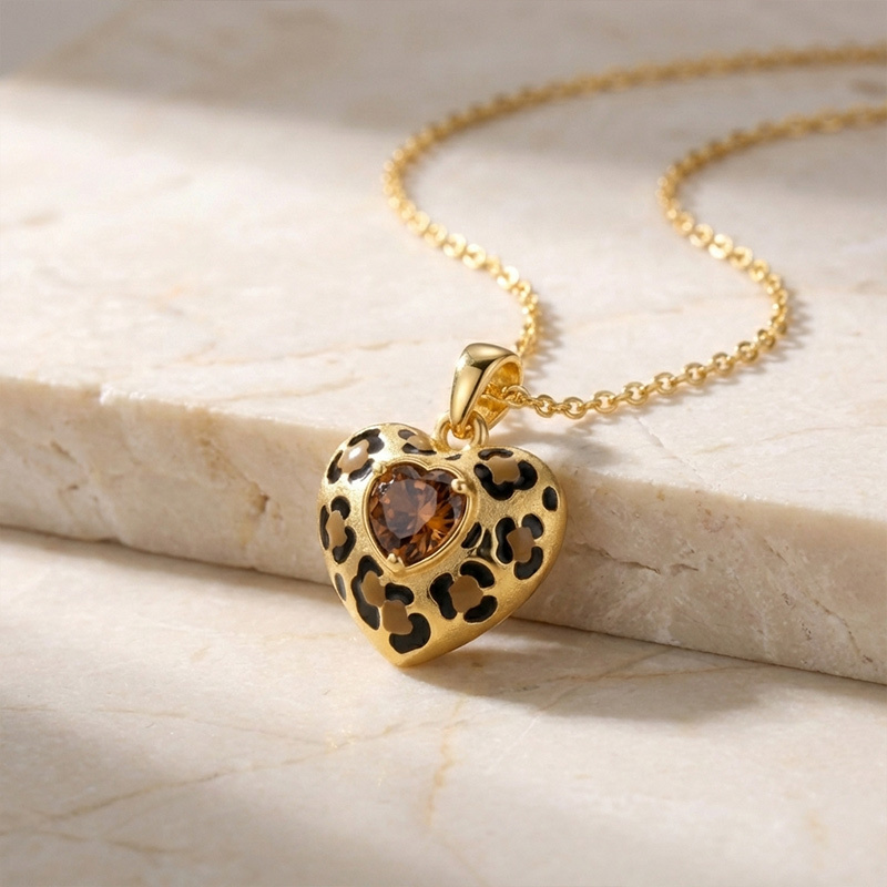Sotiya Heart Cut Leopard Print Coffee Enamel Necklace Sterling Silver-Sotiya