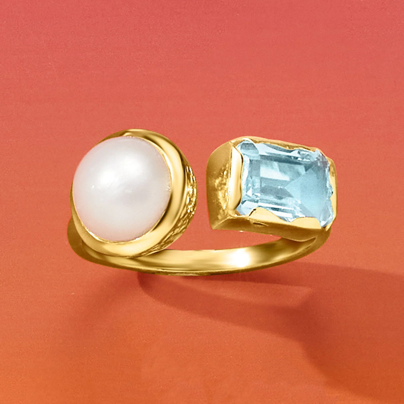 Sotiya Toi et Moi Cultured Pearl and Emerald Cut Aquamarine Two Stone Open Ring Sterling Silver-Sotiya