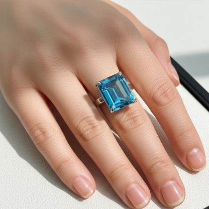 Sotiya Solitaire Emerald Cut Aquamarine Engagement Ring Sterling Silver-Sotiya