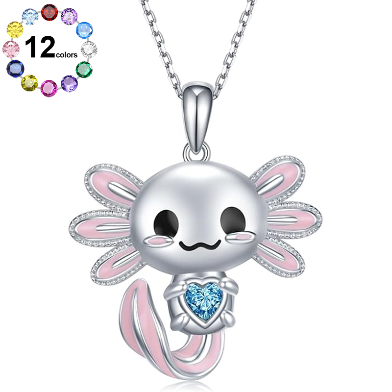 Sotiya Cute Axolotl 12 Birthstones Heart Cut Necklace Sterling Silver-Sotiya