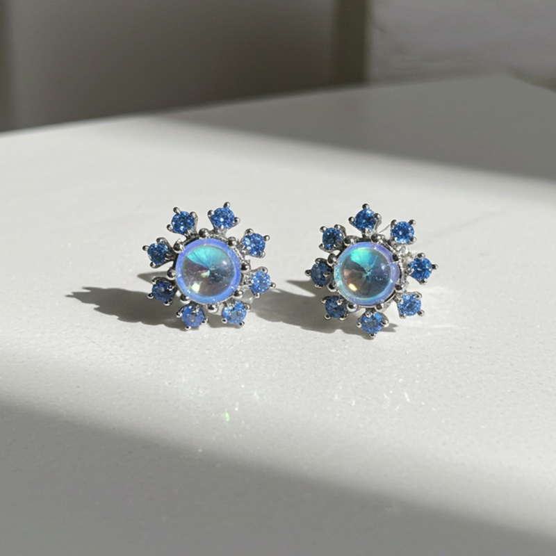 Sotiya Best Buds Snowflake Moonstone Round Cut Earrings Sterling Silver-Sotiya