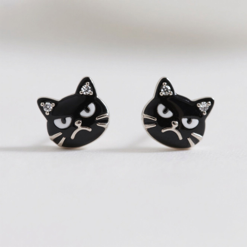 Sotiya Grumpy Black Cat Enamel Stud Earrings-Sotiya
