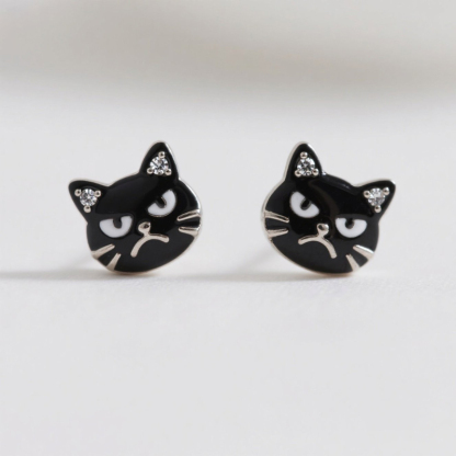 Sotiya Grumpy Black Cat Enamel Stud Earrings-Sotiya