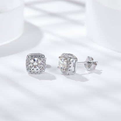 Sotiya Square Halo Design Round Cut Moissanite Stud Earrings Sterling Silver-Sotiya