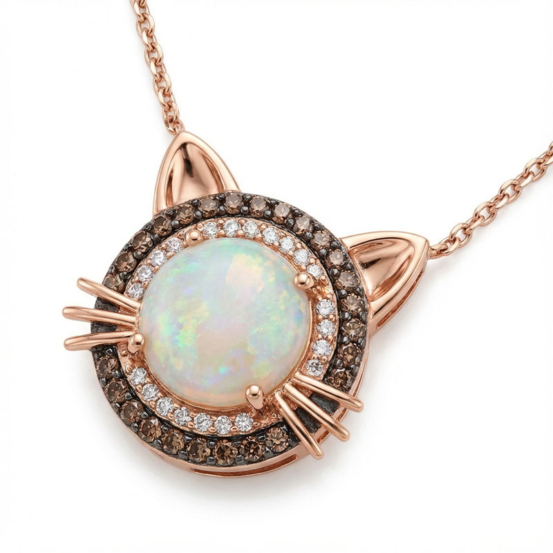 Sotiya Cat Design Double Halo Opal Round Cut Coffee Necklace Sterling Silver-Sotiya