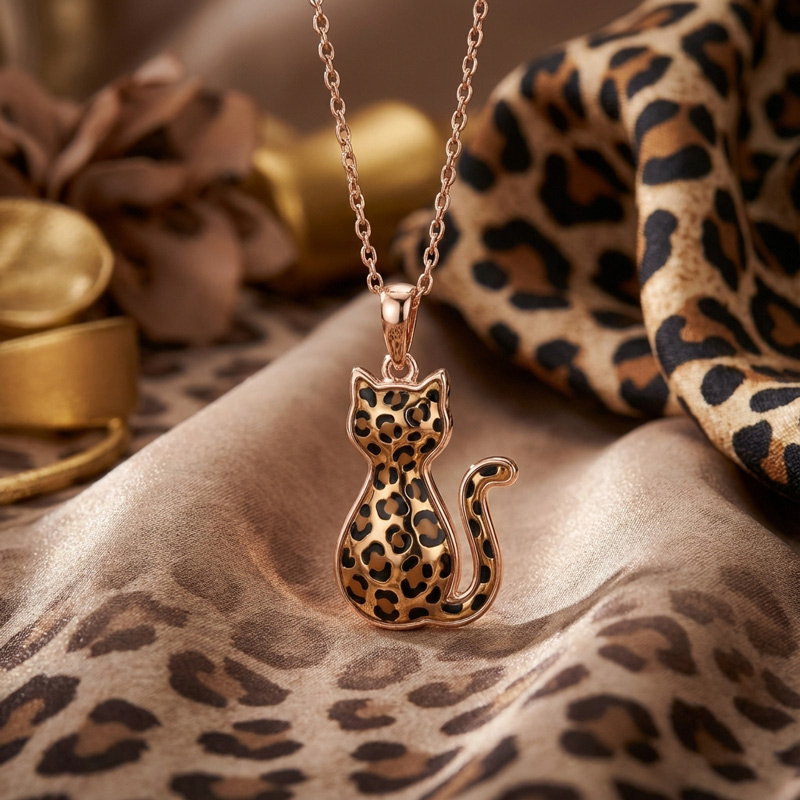 Sotiya Leopard Print Cat Coffee Enamel Necklace Sterling Silver-Sotiya