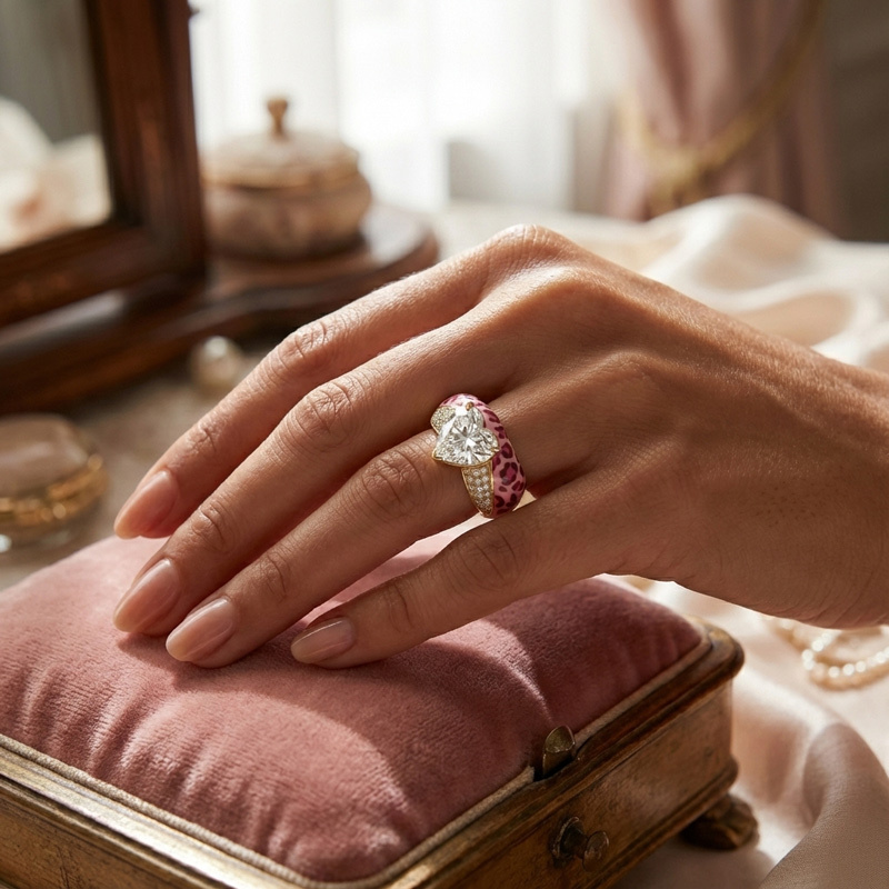 Sotiya Heart Cut Leopard Print Pink Enamel Ring Sterling Silver-Sotiya