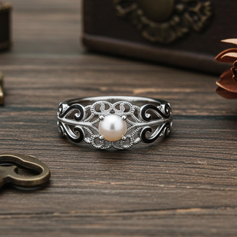 Sotiya Victorian Rococo Black Enamel Pearl Ring Sterling Silver-Sotiya