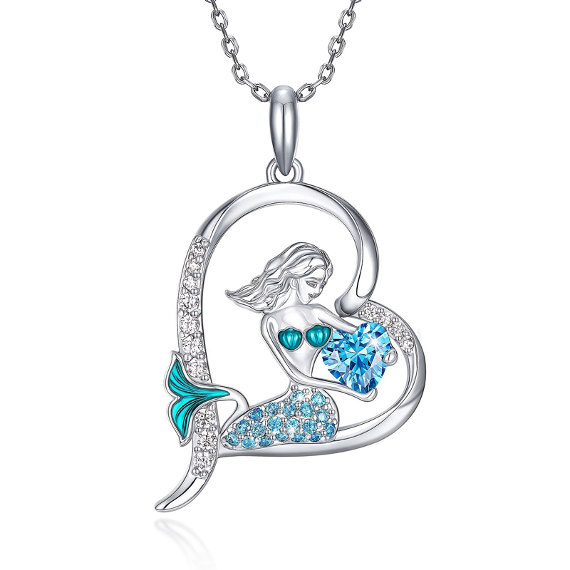 Sotiya Best Buds Mermaid Tail Aquamarine Blue Heart Cut Necklace Sterling Silver-Sotiya