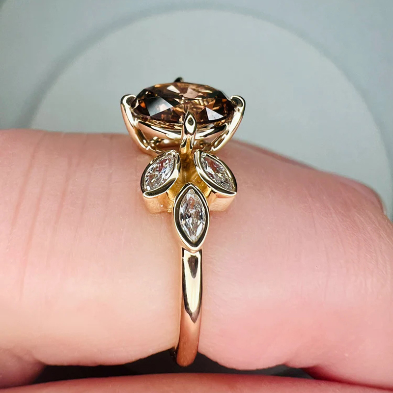 Sotiya Floral Inspired Sidestone Coffee Oval Cut Engagement Ring Sterling Silver-Sotiya