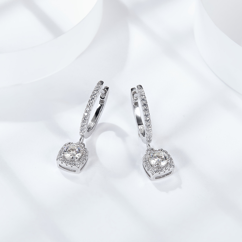 Sotiya Square Halo Design Round Cut Moissanite Drop Earrings Sterling Silver-Sotiya