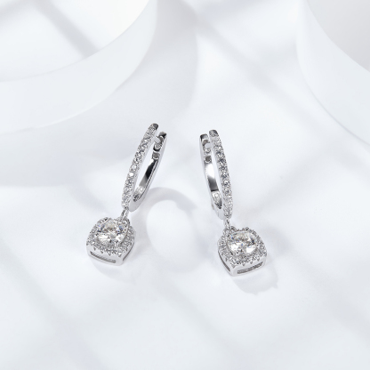 Sotiya Square Halo Design Round Cut Moissanite Drop Earrings Sterling Silver-Sotiya