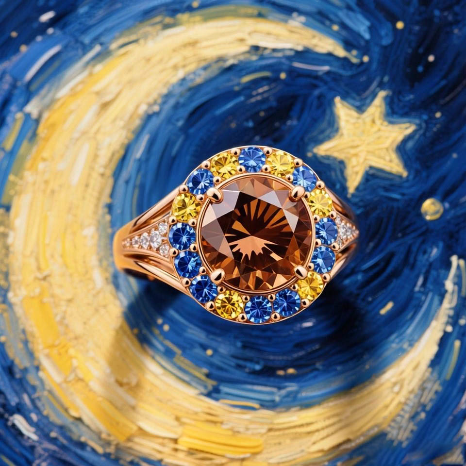 Sotiya Artist Collection Famous Painting Starry Night Halo Round Cut Chocolate Engagement Ring Sterling Silver-Sotiya