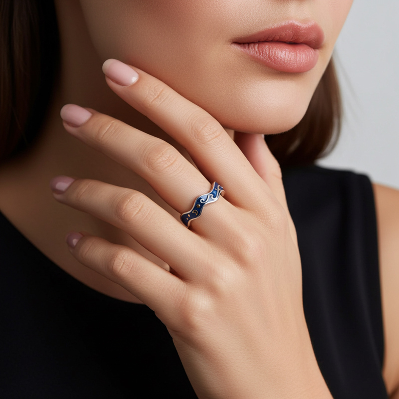 Sotiya Artist Collection Famous Painting Starry Night Inspired Enamel Open Ring Sterling Silver-Sotiya