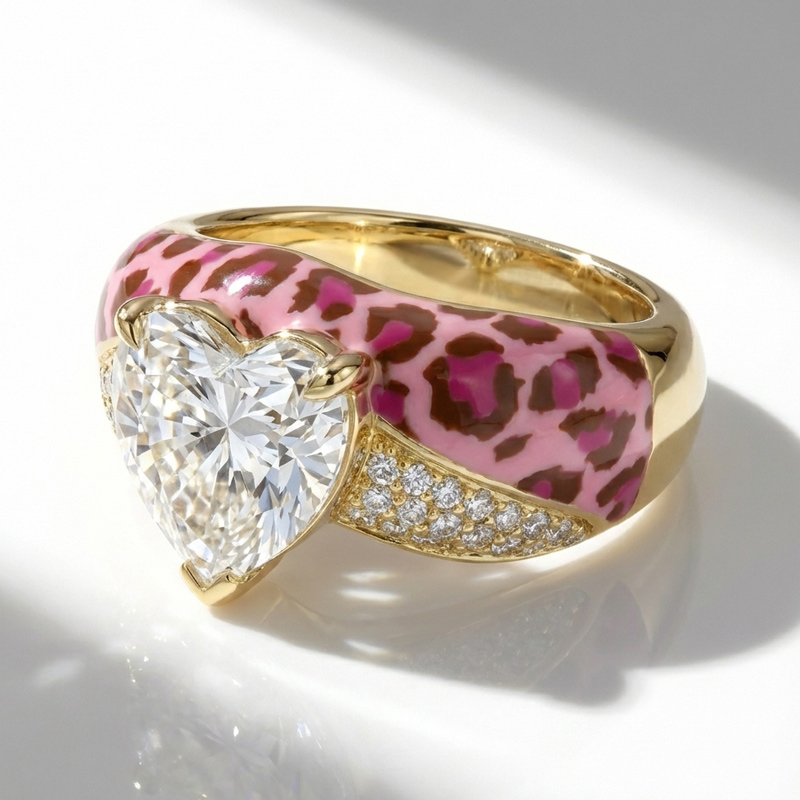 Sotiya Heart Cut Leopard Print Pink Enamel Ring Sterling Silver-Sotiya