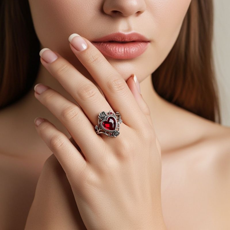 Sotiya Vintage Rose Heart Cut Garnet Skull Inspired Cocktail Ring Sterling Silver-Sotiya