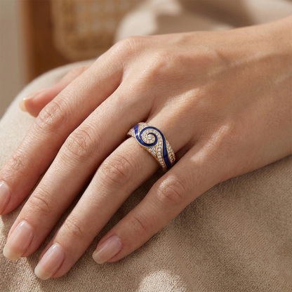 Sotiya Artist Collection Famous Painting Enamel Starry Night Curve Curl Design Women's Wedding Ring Band Sterling Silver