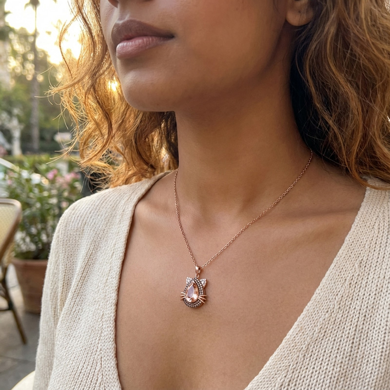 Sotiya Cat Design Double Halo Synthetic Morganite Pear Cut Coffee Necklace Sterling Silver-Sotiya