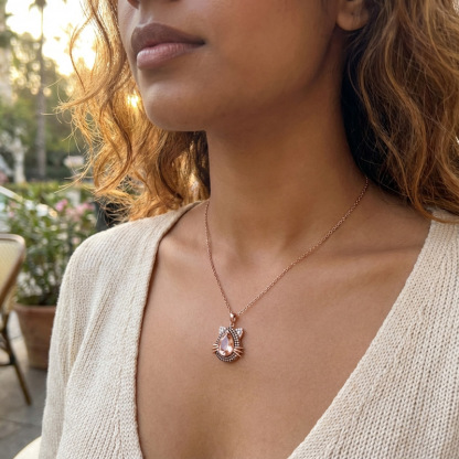 Sotiya Cat Design Double Halo Synthetic Morganite Pear Cut Coffee Necklace Sterling Silver-Sotiya