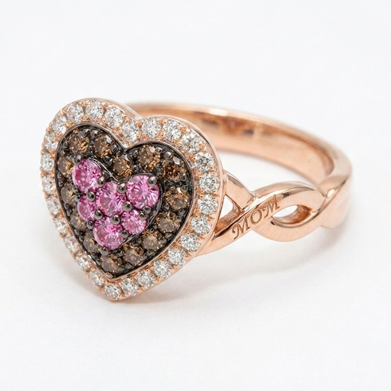 Sotiya MOM Twist Two Tone Halo Heart Hot Pink Round Cut Coffee Cocktail Ring Sterling Silver