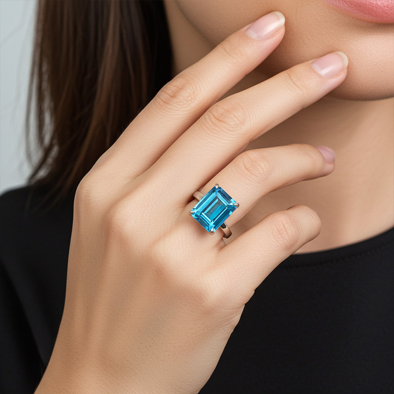 Sotiya Solitaire Emerald Cut Aquamarine Engagement Ring Sterling Silver-Sotiya