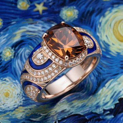 Sotiya Artist Collection Famous Painting Starry Night Halo Oval Cut Chocolate Engagement Ring Sterling Silver-Sotiya