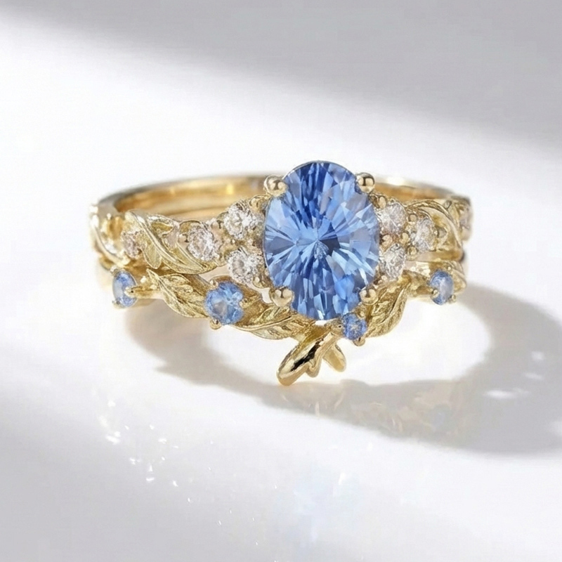 Sotiya Leaf Cluster Aquamarine Blue Oval Fantasy Starbrite Cut Wedding Bridal Ring Set Sterling Silver-Sotiya