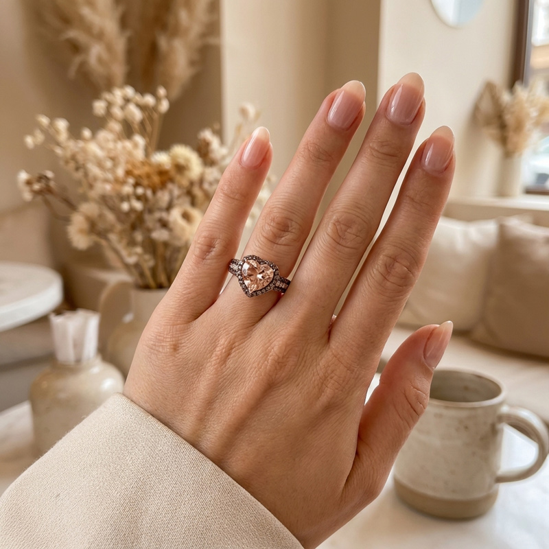 Sotiya Halo Synthetic Morganite Heart Cut Coffee Engagement Ring Sterling Silver-Sotiya