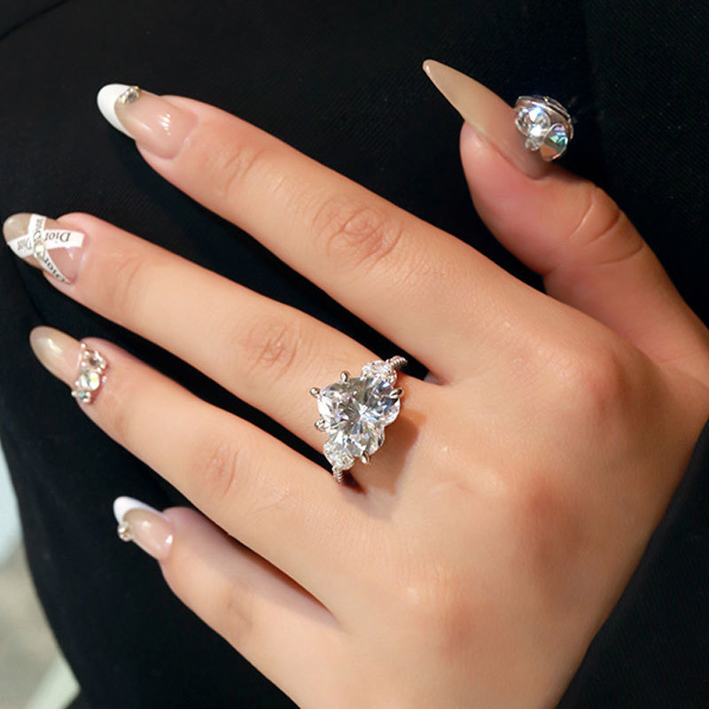 Sotiya Three Stone Hidden Halo Cathedral Design Heart Cut High-carbon Zircon Engagement Ring in Sterling Silver-Sotiya