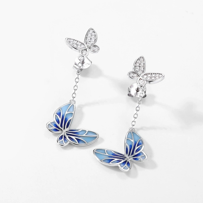 Sotiya Blue Enamel Butterfly Drop Earrings Sterling Silver-Sotiya