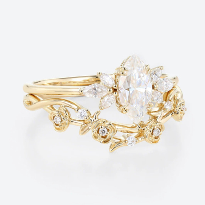 Sotiya Vintage Floral Marquise Cut Wedding Bridal Ring Set Sterling Silver-Sotiya