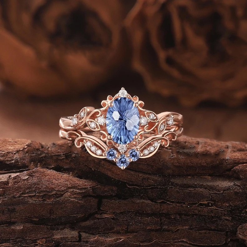 Sotiya Vintage Cornflower Aquamarine Blue Oval Fantasy Starbrite Cut Wedding Bridal Ring Set Sterling Silver-Sotiya