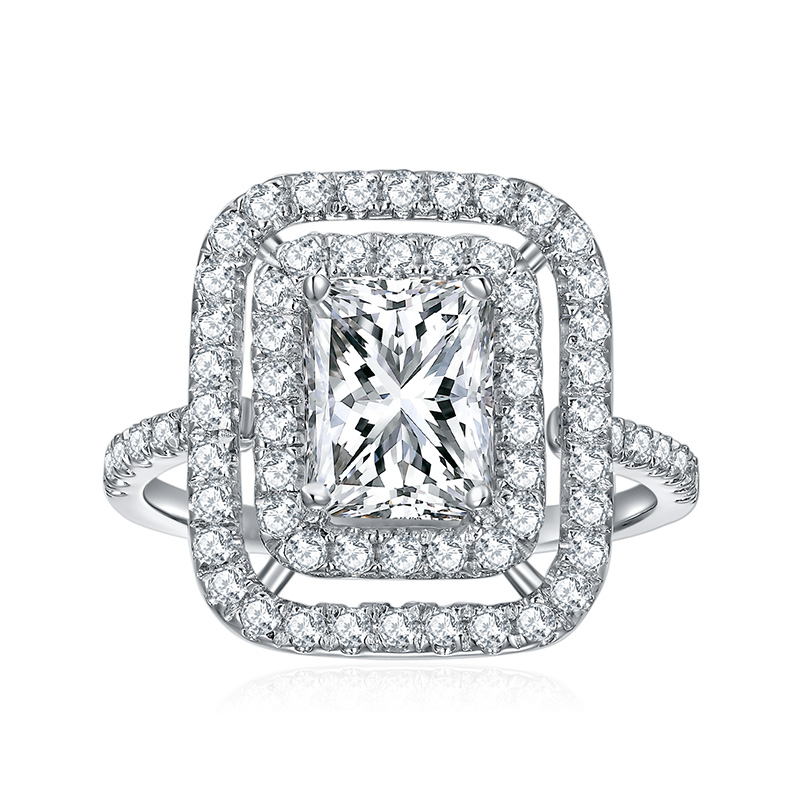 Sotiya Two Halo Radiant Cut Moissanite Engagement Ring Sterling Silver-Sotiya