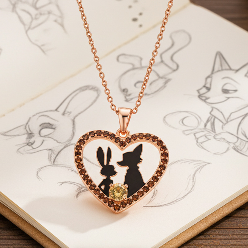 Sotiya Animal City Heart Shaped Bunny & Fox Round Cut Coffee Necklace-Sotiya