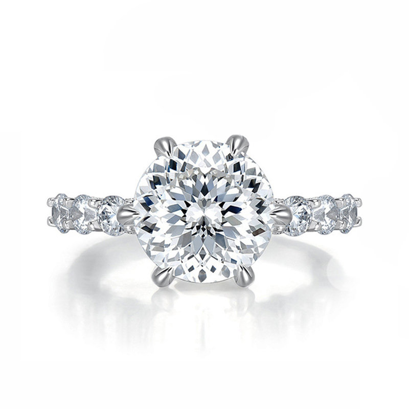 Sotiya 6 Prong Side Stones Round Cut Moissanite Engagement Ring Sterling Silver-Sotiya