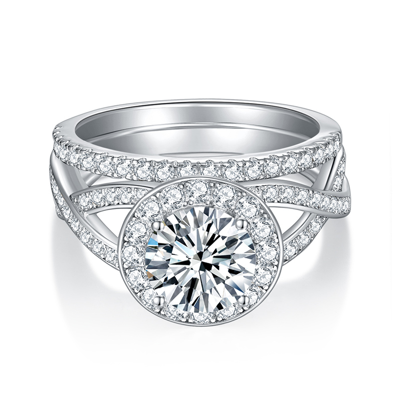 Sotiya Halo Round Cut Twist Moissanite Wedding Bridal Ring Set Sterling Silver-Sotiya