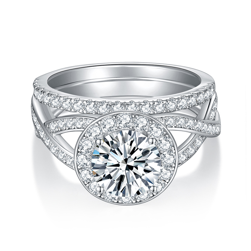 Sotiya Halo Round Cut Twist Moissanite Wedding Bridal Ring Set Sterling Silver-Sotiya