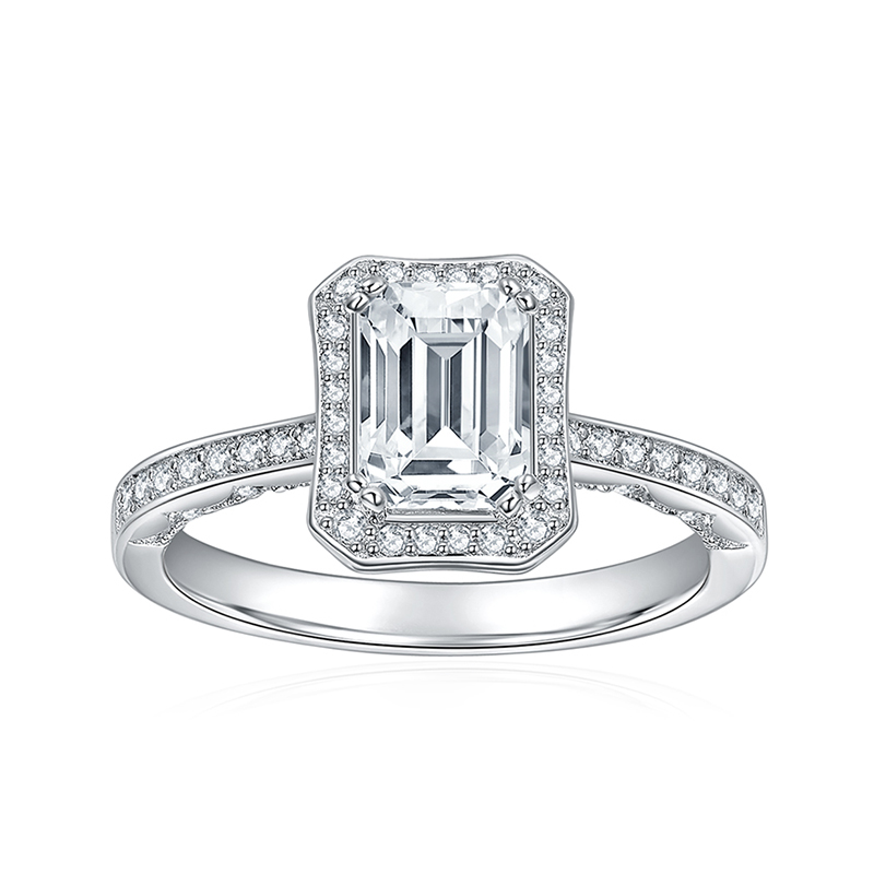 Sotiya Halo Emerald Cut Moissanite Engagement Ring Sterling Silver-Sotiya