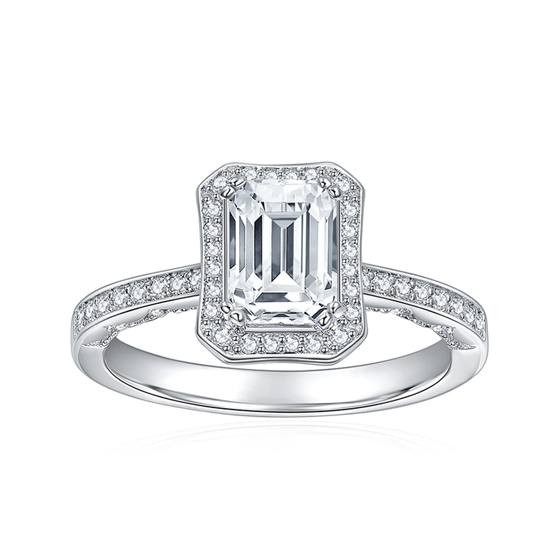 Sotiya Halo Emerald Cut Moissanite Engagement Ring Sterling Silver-Sotiya