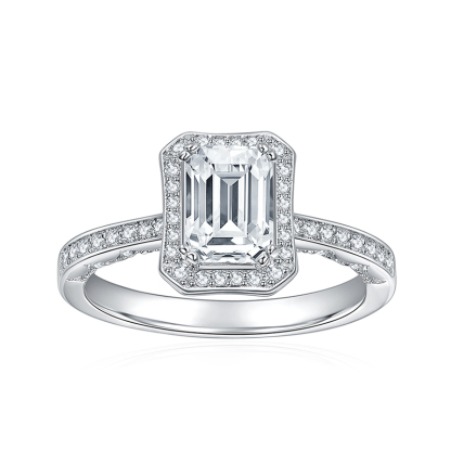 Sotiya Halo Emerald Cut Moissanite Engagement Ring Sterling Silver-Sotiya