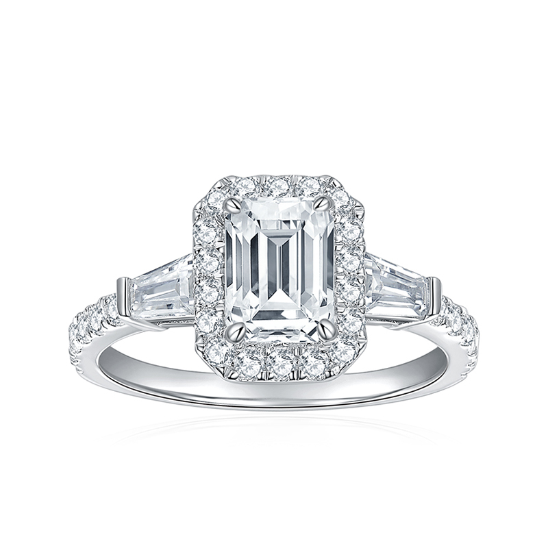 Sotiya Halo Side Stones Emerald Cut Moissanite Engagement Ring Sterling Silver-Sotiya