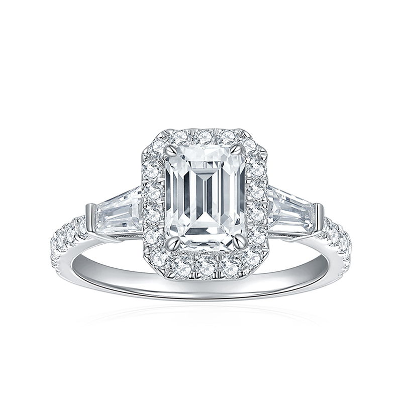 Sotiya Halo Side Stones Emerald Cut Moissanite Engagement Ring Sterling Silver-Sotiya